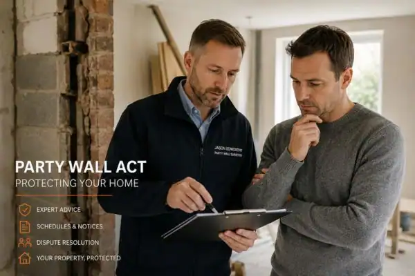 Party wall surveyor Brighton and Hove discussing extension plans with homeowner outside a UK semi-detached house.